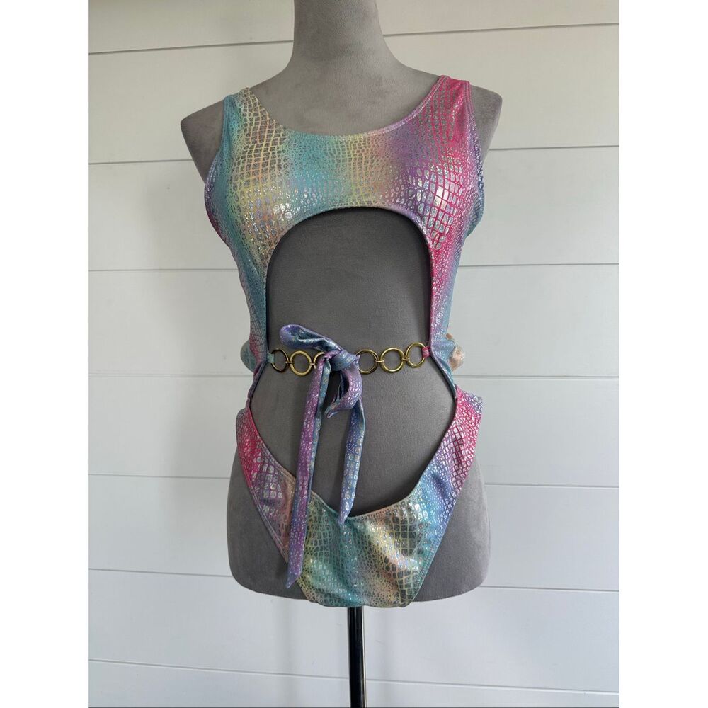 Iridescent Rainbow Croc-Texture Cutout One-Piece Swimsuit Sz XL